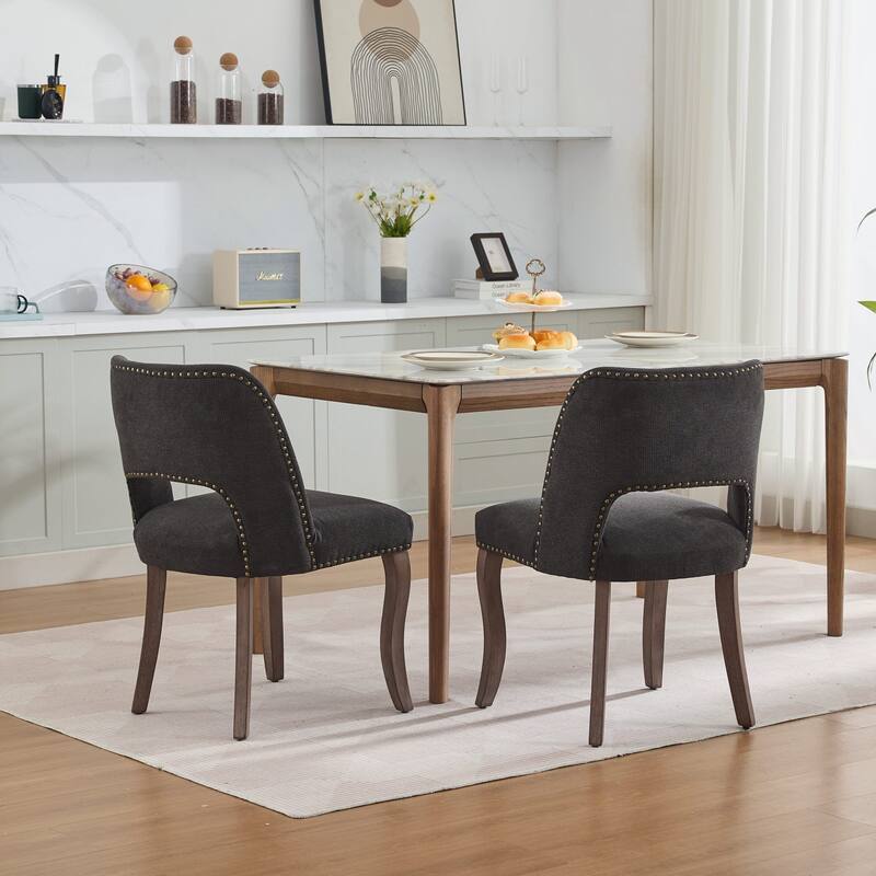 Fabric Upholstered Dining Chairs Set of 2, Kitchen Chairs with Curved Backrest, Accent Chair with Solid Wood Legs