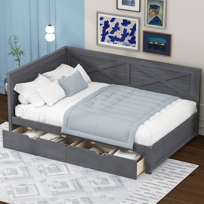 Twin Size Wood Daybed with Two Drawers and Rustic Guardrail for Bedroom