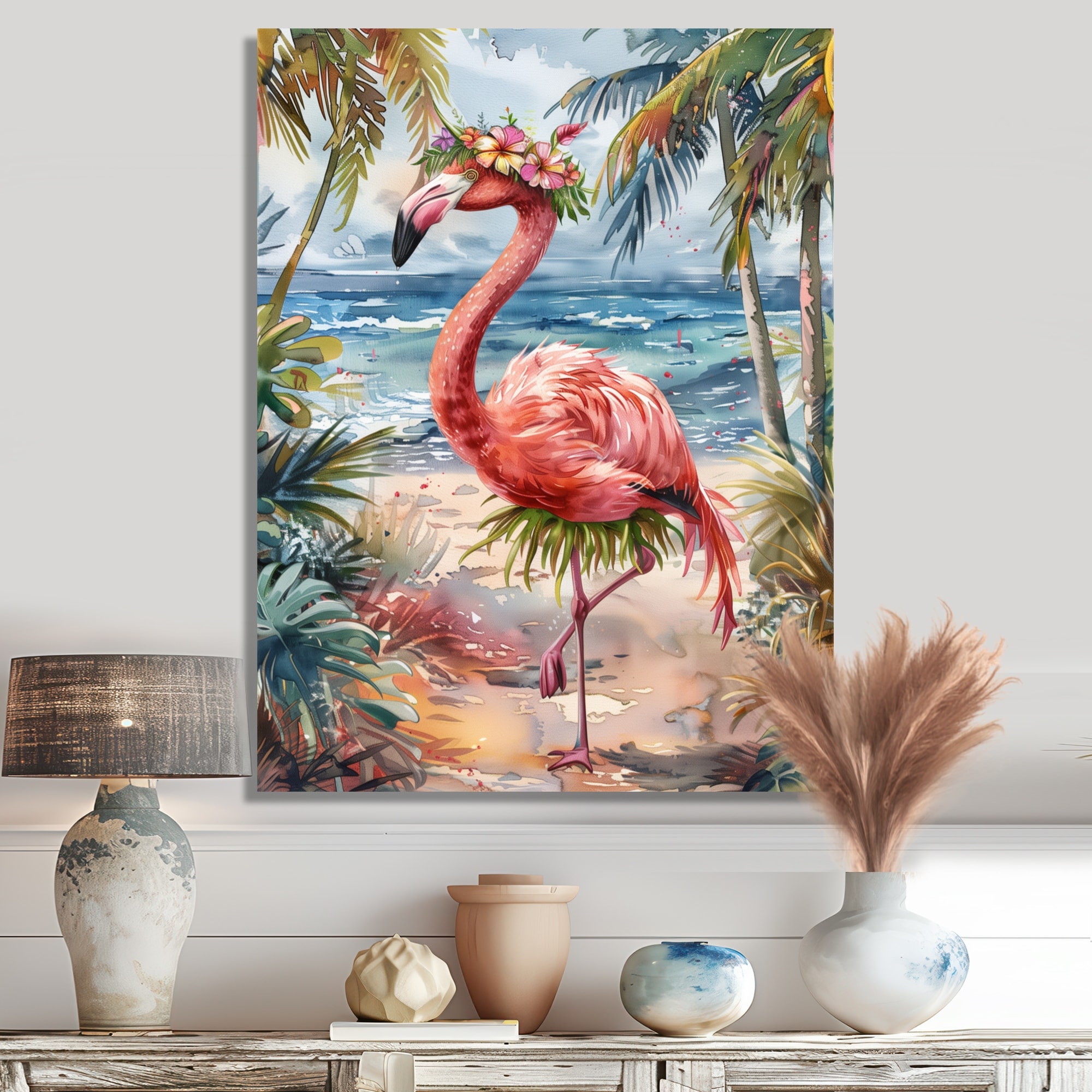 Designart "Dancing Flamingo Beach In Aruba" Flamingo Animal Canvas Wall Art - Modern Wall Decor Art Red Wall Art Print