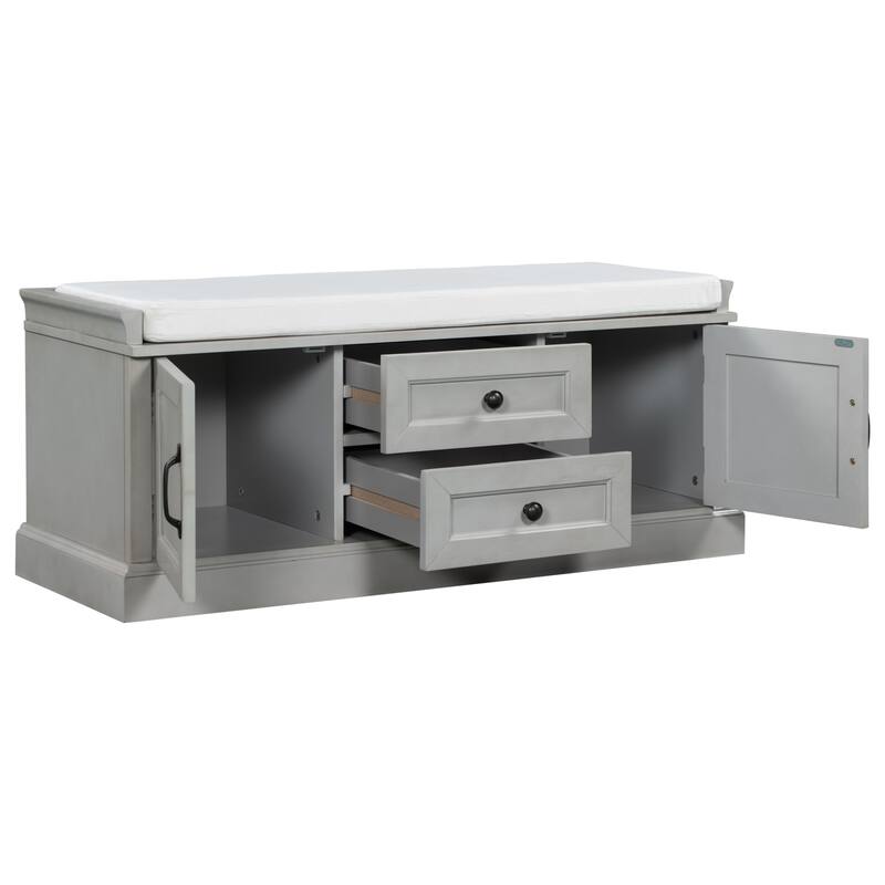 Storage Bench with 2 Drawers, 2 Cabinets and Removable Cushion - 42.5"L x 15.9"W x 17.5"H