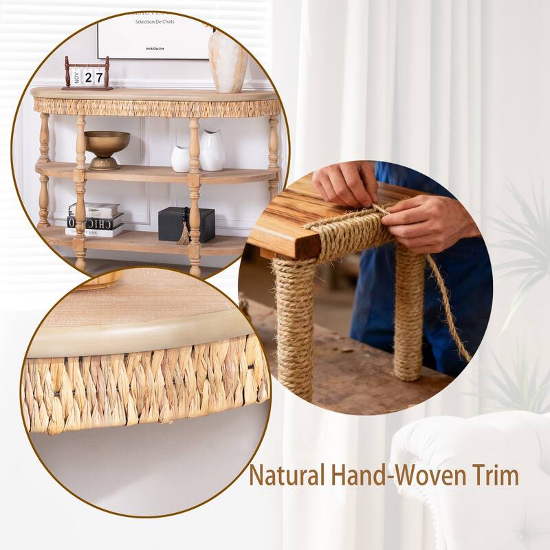 49" Wood Console Table with Hand-Woven Trim, 3-Tier Storage Shelves, with Carved Legs, Rustic Coastal Farmhouse Accent Table