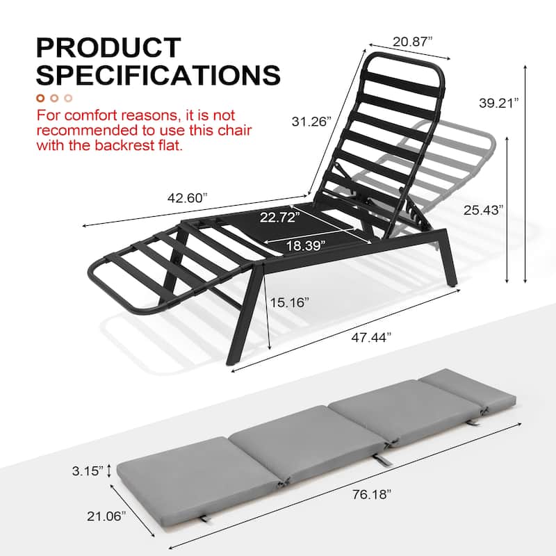 Outdoor Cushioned Chaise Lounge Chairs (Set of 4), Adjustable Reclining Sun Lounger