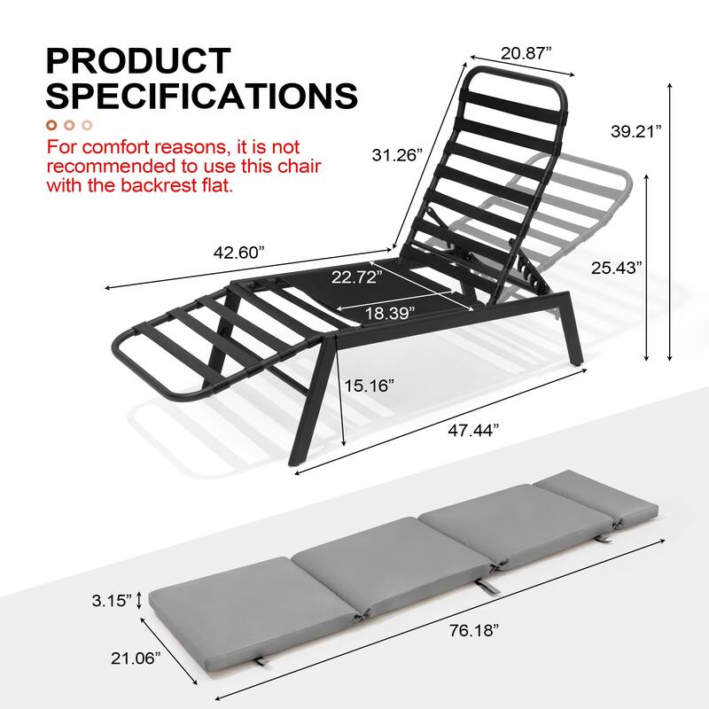 Outdoor Chaise Lounge Chairs (Set of 2) with Cushion and Adjustable Back