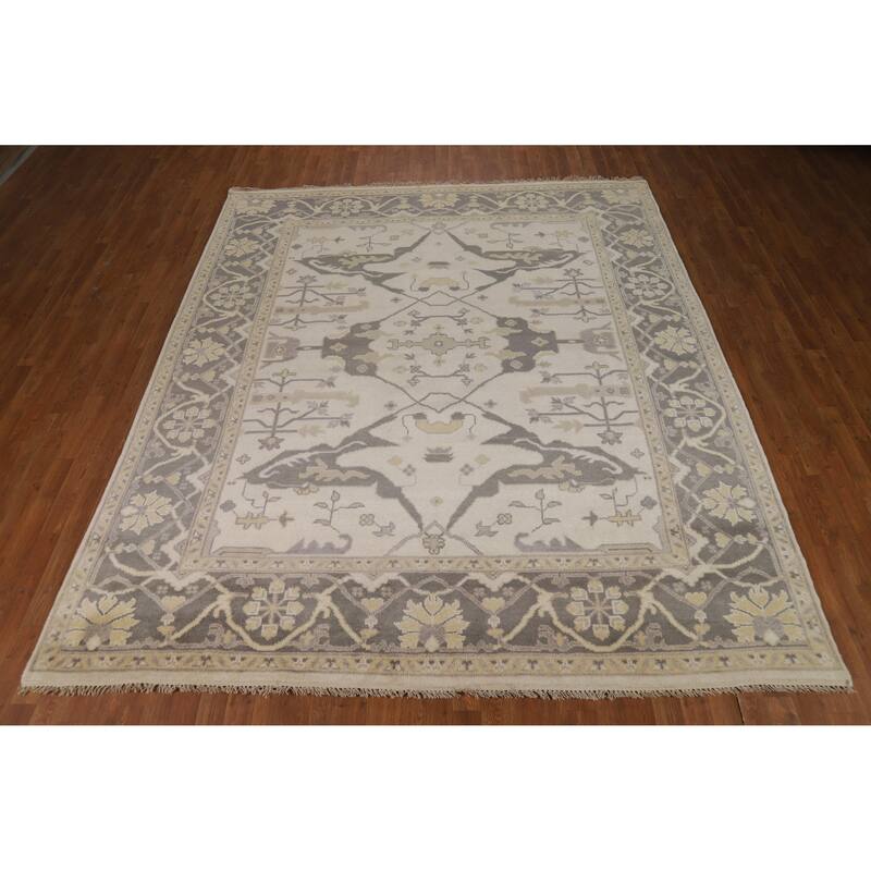 Floral Ivory Oushak Indian Area Rug Hand-Knotted Wool Carpet - 8'3" x 9'8"