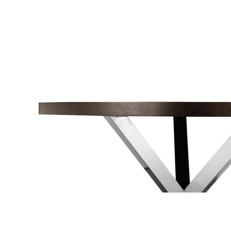 Emi 47 Inch Round Dining Table, X- Cross Brushed Steel, Dark Brown Wood