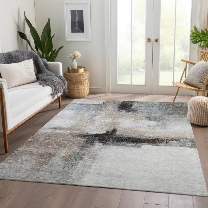 Machine Washable Indoor/ Outdoor Contemporary Abstract Chantille Rug