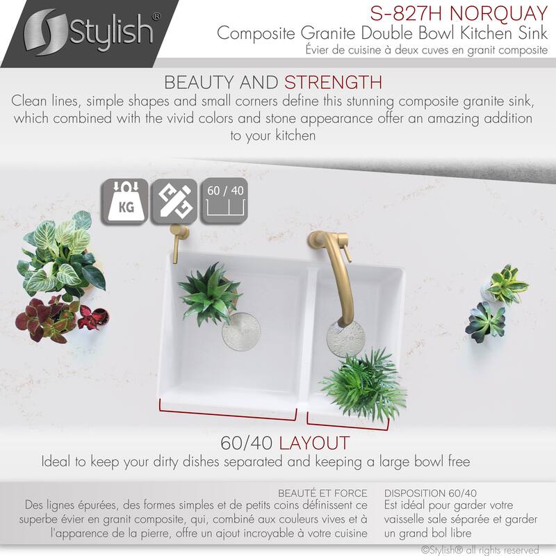 STYLISH 27 inches L x 18 inches W Double Bowl 60/40 Dual Mount Composite Granite Kitchen Sink - 27" x 18" x 9.5"