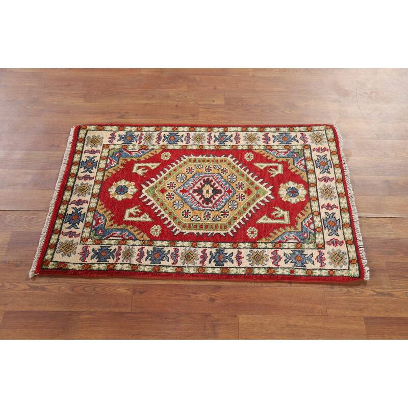 Red Kazak Foyer Rug Hand-Knotted Geometric Wool Carpet - 2'0" x 3'2"