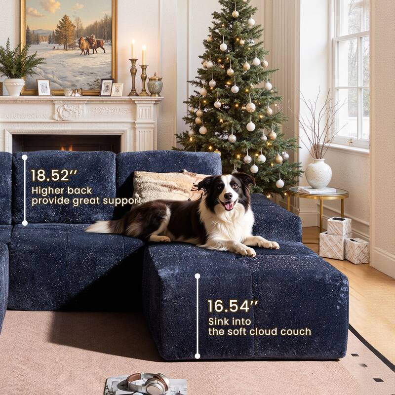 HOOOWOOO Modern Sparkly Velvet Fabric Chaise Sofa Couch with Ottoman