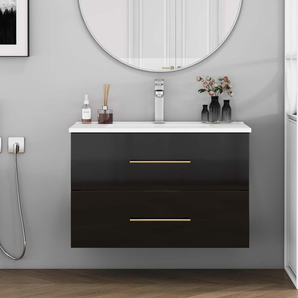 30-Inch Gloss Wall-Mounted Bathroom Vanity with Sink Combo, Double Drawers,Ceramic Sink,Long Metal Handle
