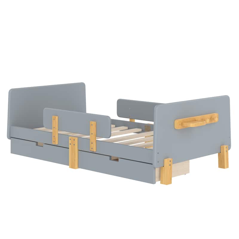 Full/Twin Platform Bed with Storage Drawers, Guardrail & Hooks