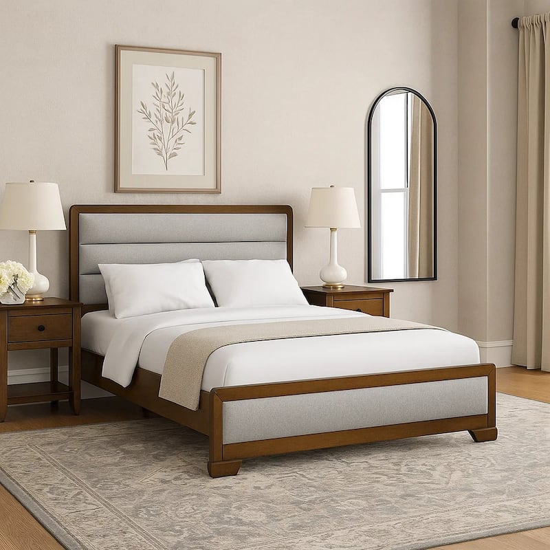 Cair Queen Bed, Channel Tufted Light Gray Fabric Upholstered, Brown