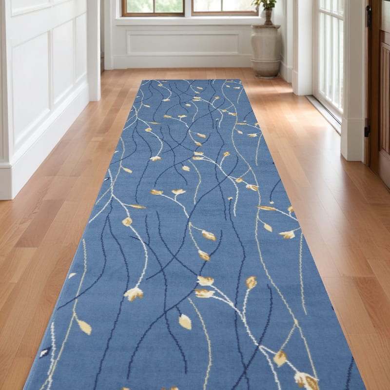 Mafuq Power Loomed Floral Area Rug By HomeRoots - 144' X '27' X '0.5 - 144' X '27' X '0.5 - Oxford Blue - Runner