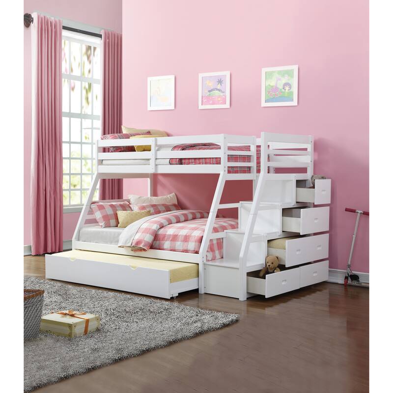 Twin/Full Bunk Bed with Trundle, Storage Ladder, and Drawers in Jason White Finish - White