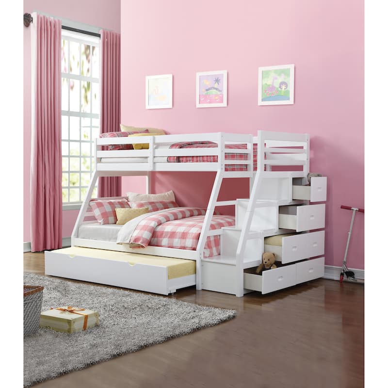 Twin over Full Wood Bunk Bed with Trundle and Built-in Storage Ladder - White