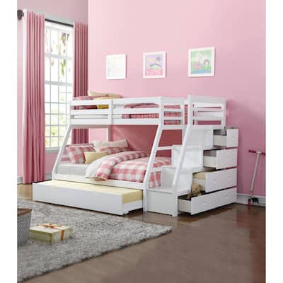 Twin over Full Wood Bunk Bed with Trundle and Built-in Storage Ladder