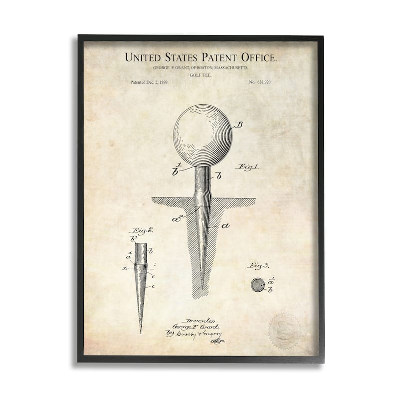 Stupell Golf Ball Tee Patent Blueprint Diagram Outline Framed Wall Art - Beige - 16 x 20 - Black