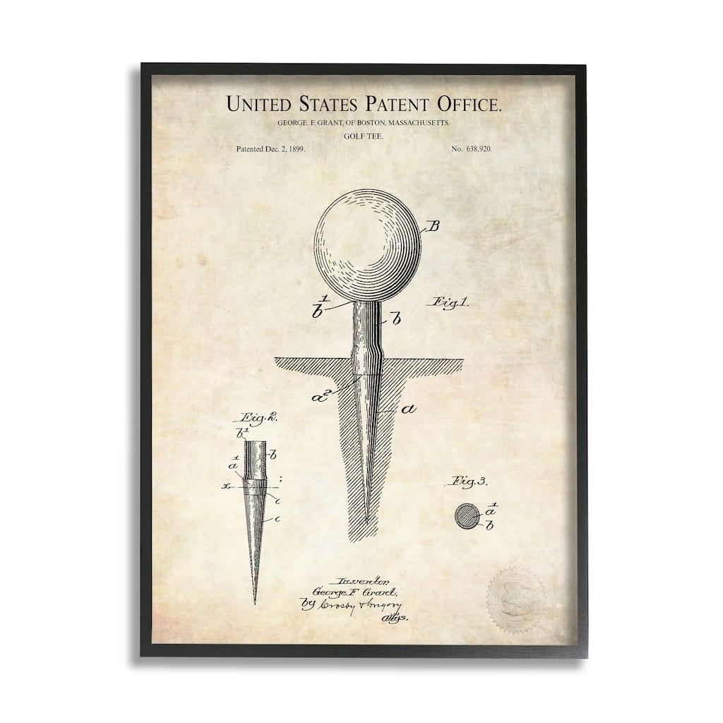 Stupell Golf Ball Tee Patent Blueprint Diagram Outline Framed Wall Art - Beige