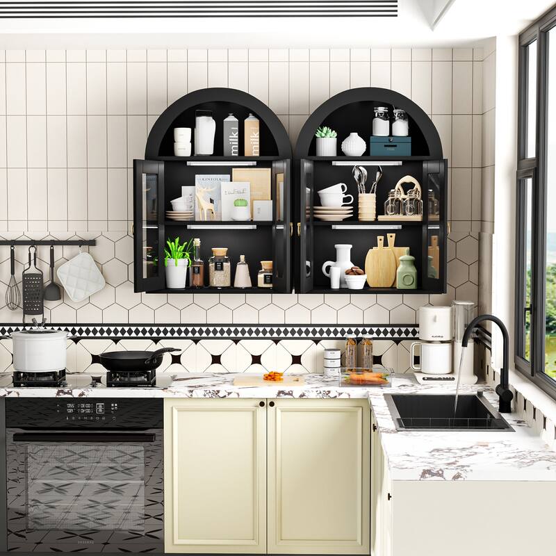 Wall Mounted Arched Cabinet with Glass Doors, Light and Adjustable Shelves for Laundry Room, Bathroom, Kitchen