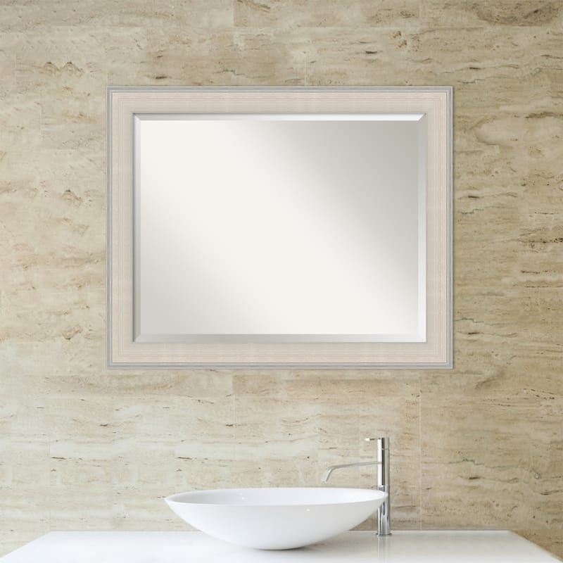 Cottage White Silver Beveled Wood Framed Bathroom Vanity Wall Mirror - Cottage White Silver