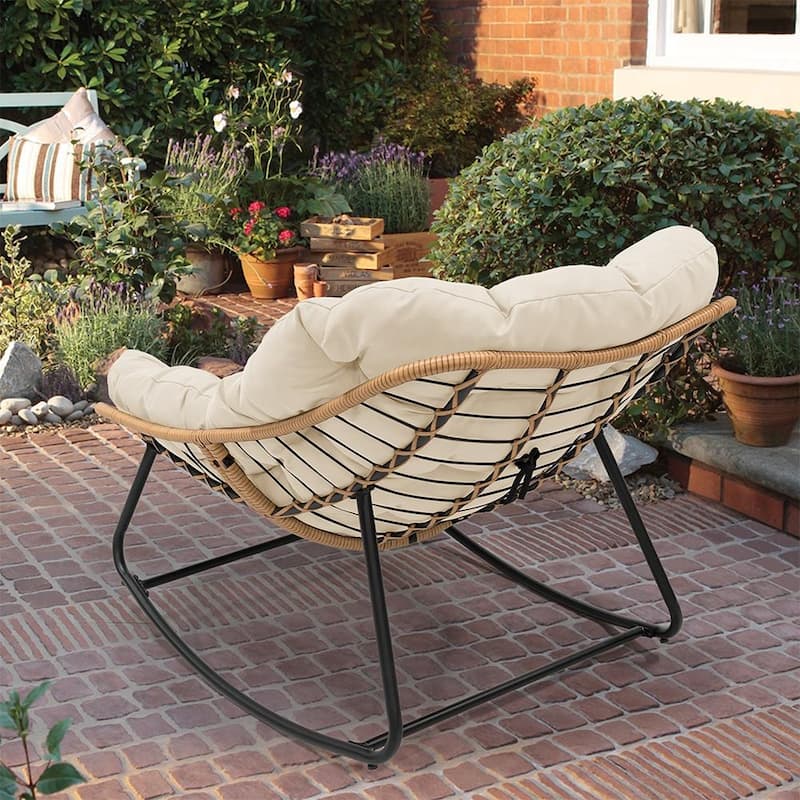 Outdoor Papasan Rocking Chair, Patio Chair Indoor Egg Royal Rattan Rocking Chair with Cushion - 33" W x 16.1" D x 29.9" H