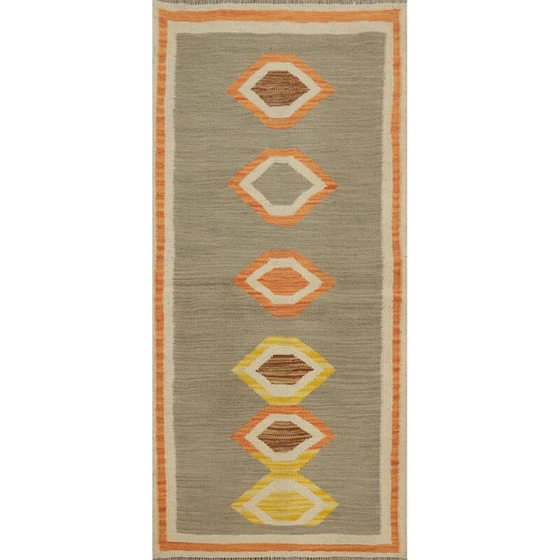 Hand Woven Oriental 100% Wool Carpet Southwestern Tribal Greys & Charcoal Kilim Area Rug - 4' 4'' X 2' 0''