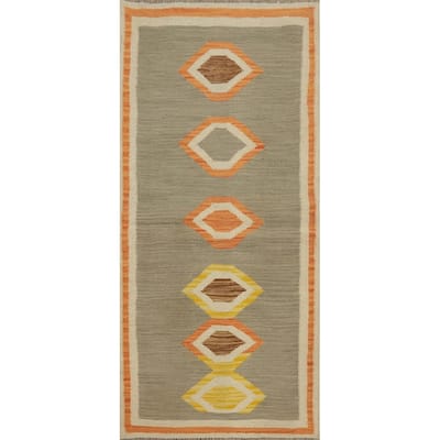 Hand Woven Oriental 100% Wool Carpet Southwestern Tribal Greys & Charcoal Kilim Area Rug - 4' 4'' X 2' 0''