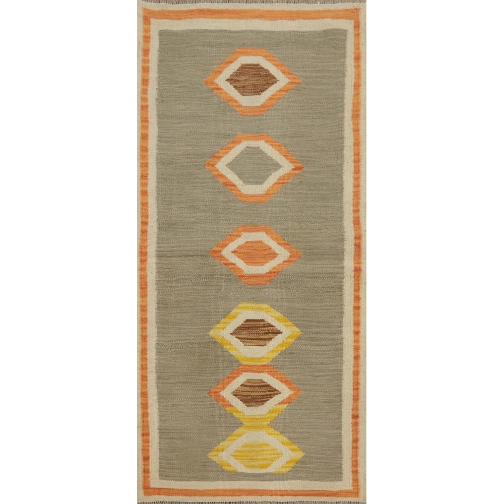 Hand Woven Oriental 100% Wool Carpet Southwestern Tribal Greys & Charcoal Kilim Area Rug - 4' 4'' X 2' 0''