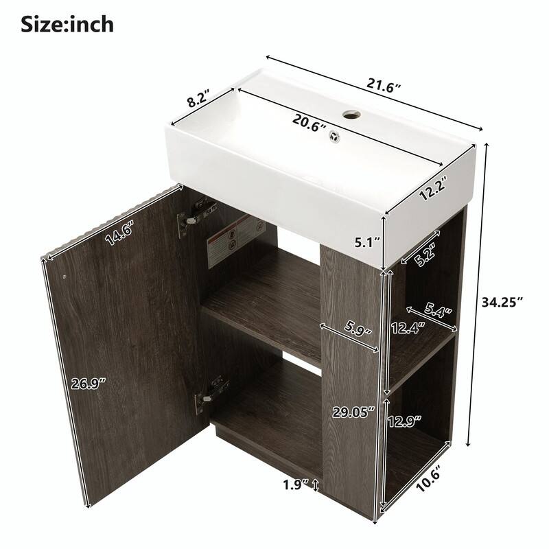 21.6" Bathroom Vanity with Ceramic Sink, Freestanding Modern Wood Grain Cabinet with Open & Closed Storage
