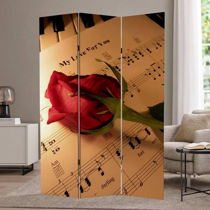 Liva 71 Inch Modern Folding Screen Room Divider, Rose and Sheet Music