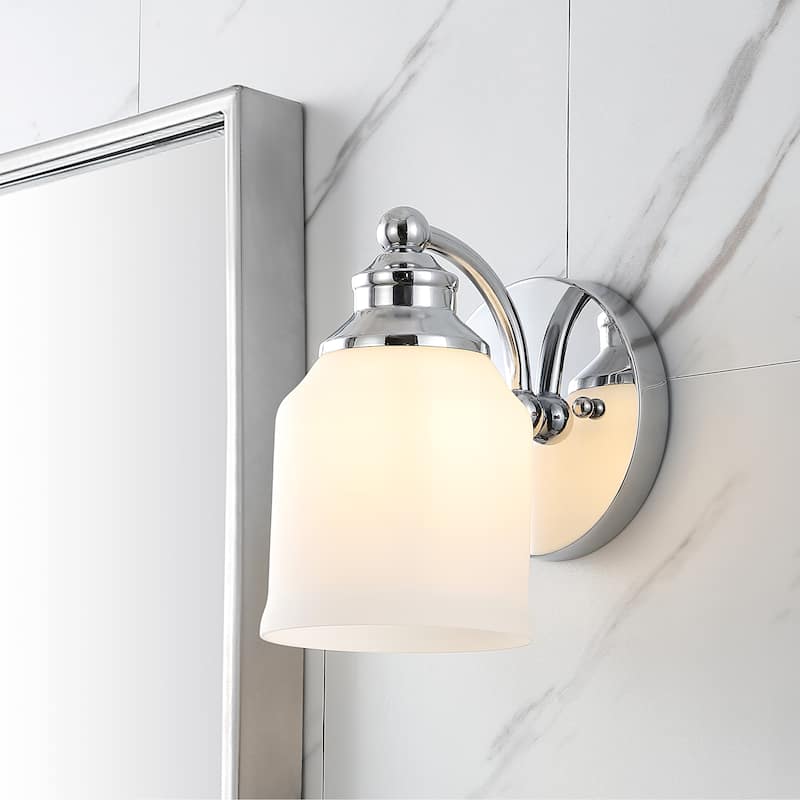 Jayne Iron/Frosted Glass Farmhouse Cottage LED Vanity Light, by JONATHAN Y - 1-Light