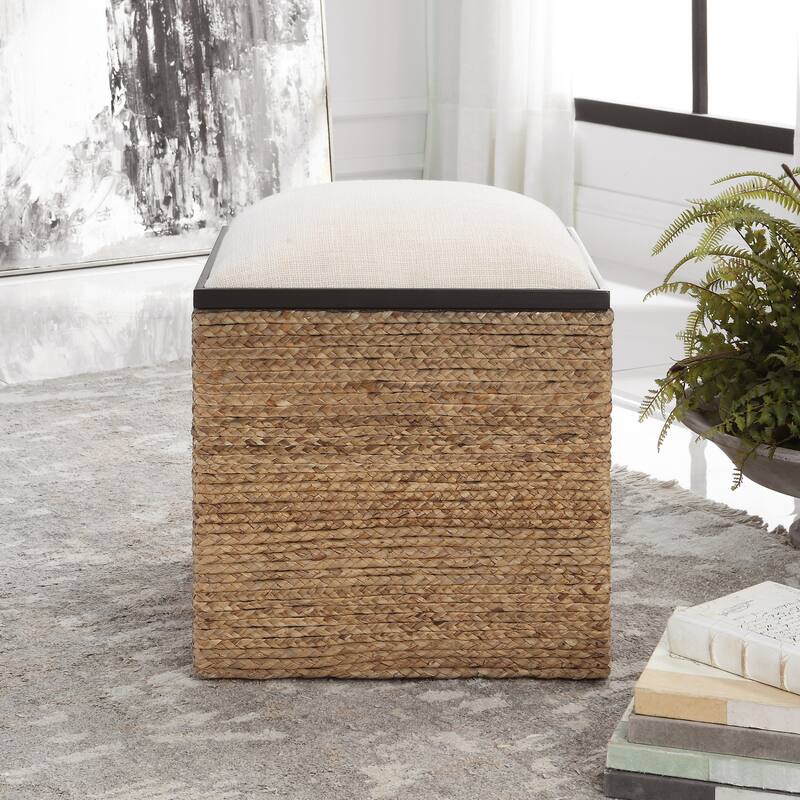 Straw Braided Storage Accent Stool - 22" - Brown and Beige