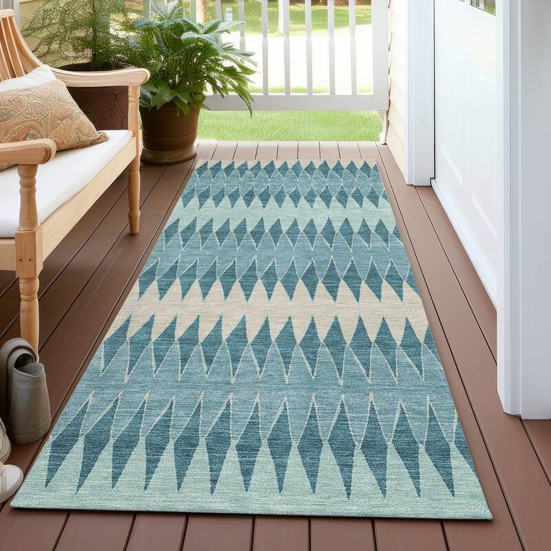 Machine Washable Indoor/ Outdoor Chantille Contemporary Geo Rug - Teal - 2'3" x 7'6"