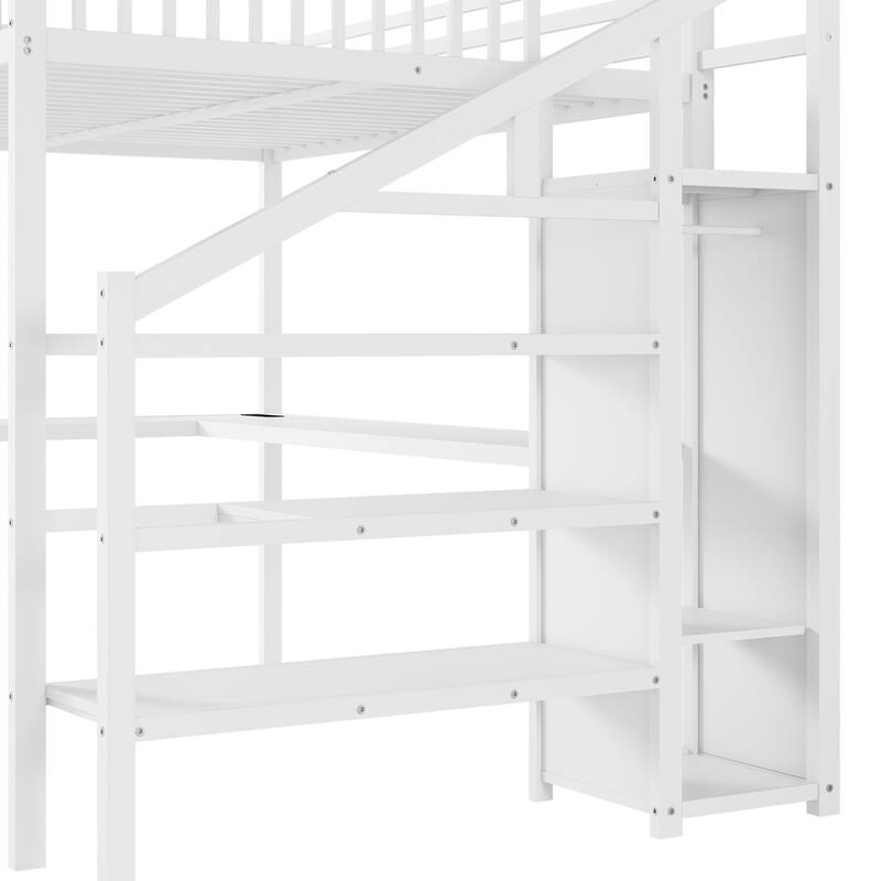 Metal Loft Bed Frame with Staircase Built-in Wardrobe, Light Strip, Underbed L Shaped Desk, Shelves and Charging Station