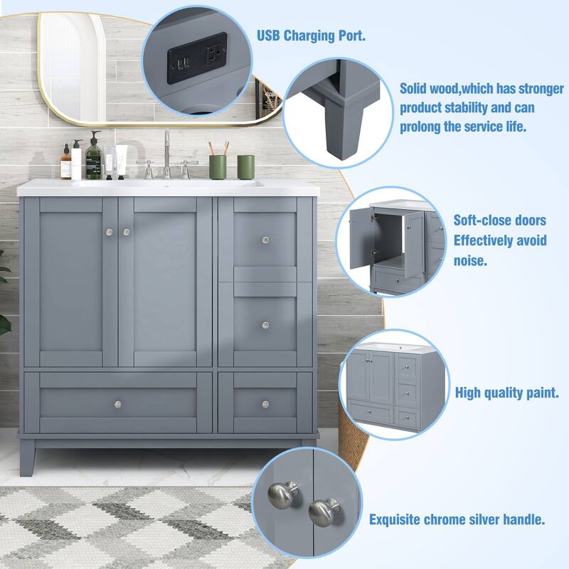 36" Modern Bathroom Vanity with USB Charging, 2Doors and 3Drawers Storage Vanity Cabinet, single sink, Faucets Not Included