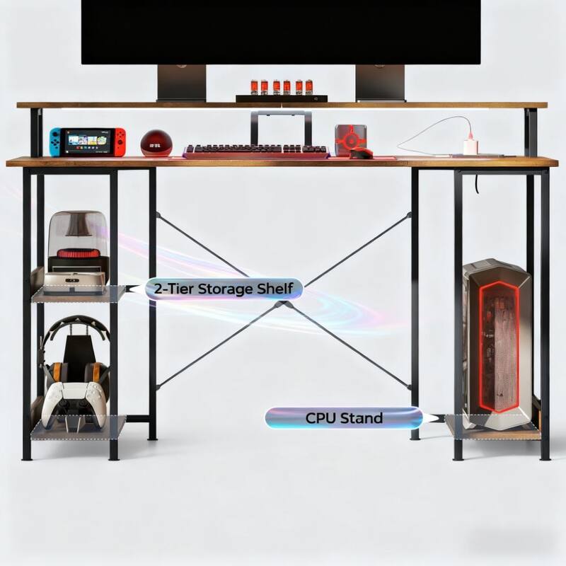 Reversible Computer Desk with Power Outlets and LED Lights, Office Desk with Monitor Stand Storage and CPU Shelf