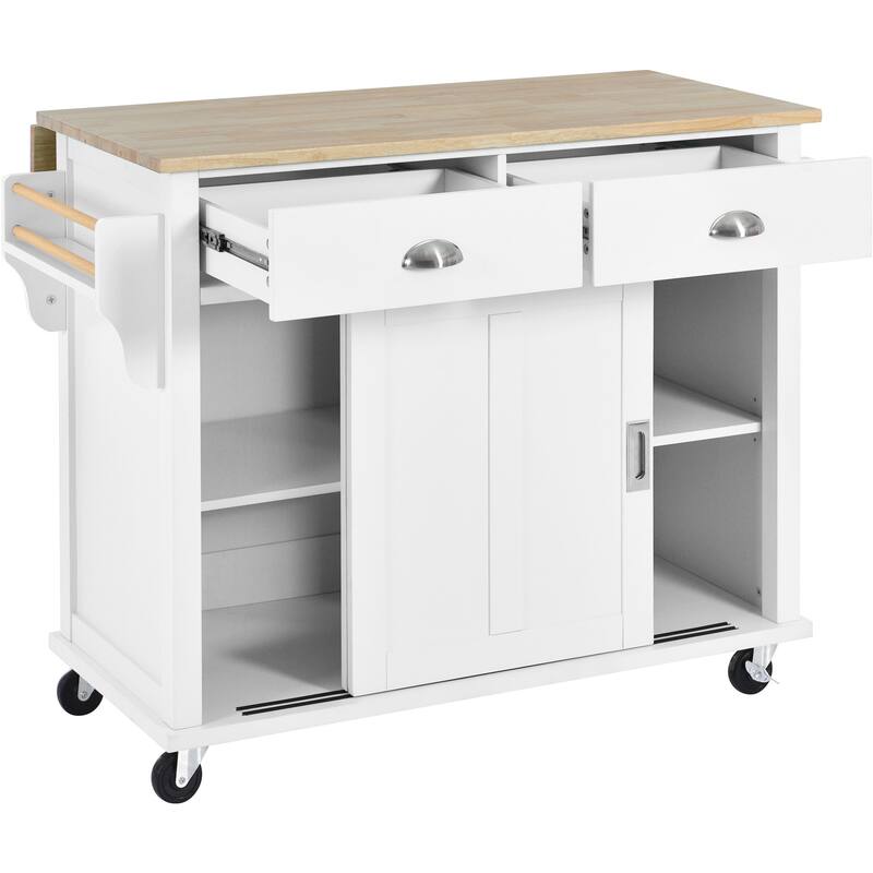 Wooden Kitchen Island with Rubber Drop-Leaf Countertop, Rolling Storage Cabinet wConcealed Sliding Barn Door & Adjustable Height