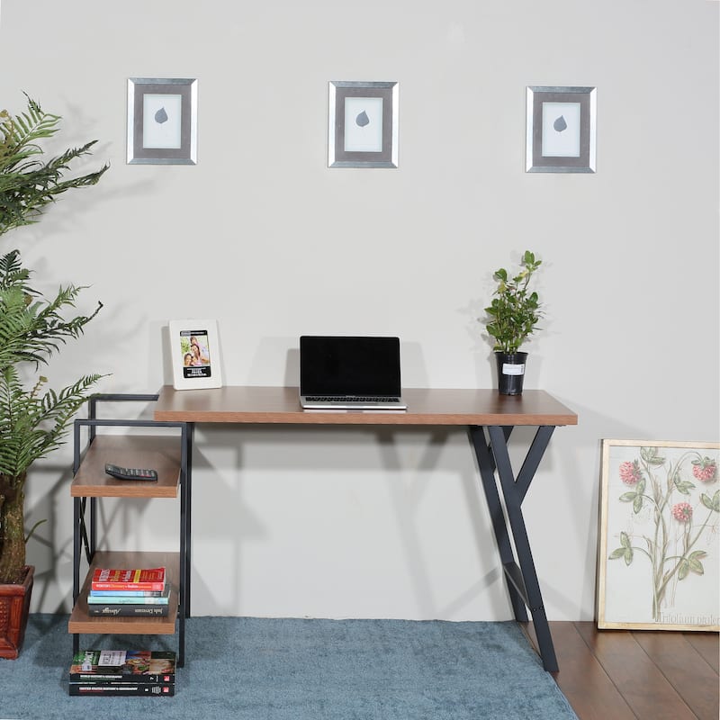L - Shaped Home Office Desk with 2 Walnut Shelves