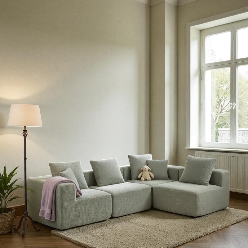 111" Modular Sectional Sofa with All-Foam Construction, Textured Upholstery and 6 Pillows, Low-Profile Couch for Living Room - Light Green