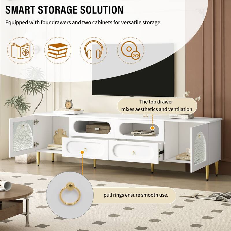 Retro-Style TV Stand, for TVs up to 85 Inches with 2 Cabinets, 4 Drawers and Anti-Tipping Device, for Living Rooms, White