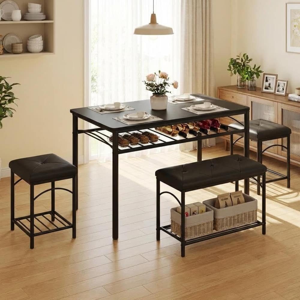 Kitchen Dining Table Set for 4 with Upholstered 1 Benches and 2 Stools
