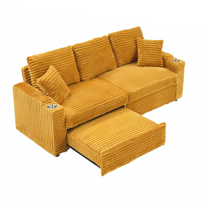 80"Corduroy Sofa With Cup Holder