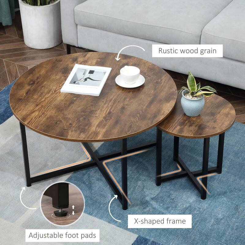 Round Coffee Table Set of 2, Industrial Living Room Tables with Metal Frame, Circle Coffee Tables for Living Room