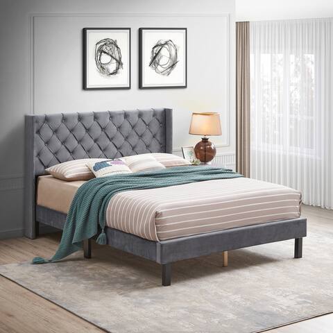 Velvet Button Tufted-Upholstered Bed with Wings Design - Strong Wood Slat Support