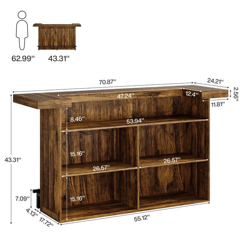 Industrial Wood Bar Table Liquor Cabinet with Wine Glass Holder