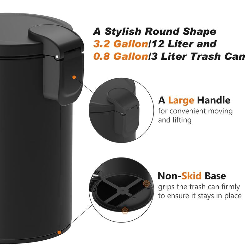 Innovaze 3.2 Gal./12-Liter and 0.8 Gal./3 Liter Stylish Round White Metal Step-on Trash Can Set