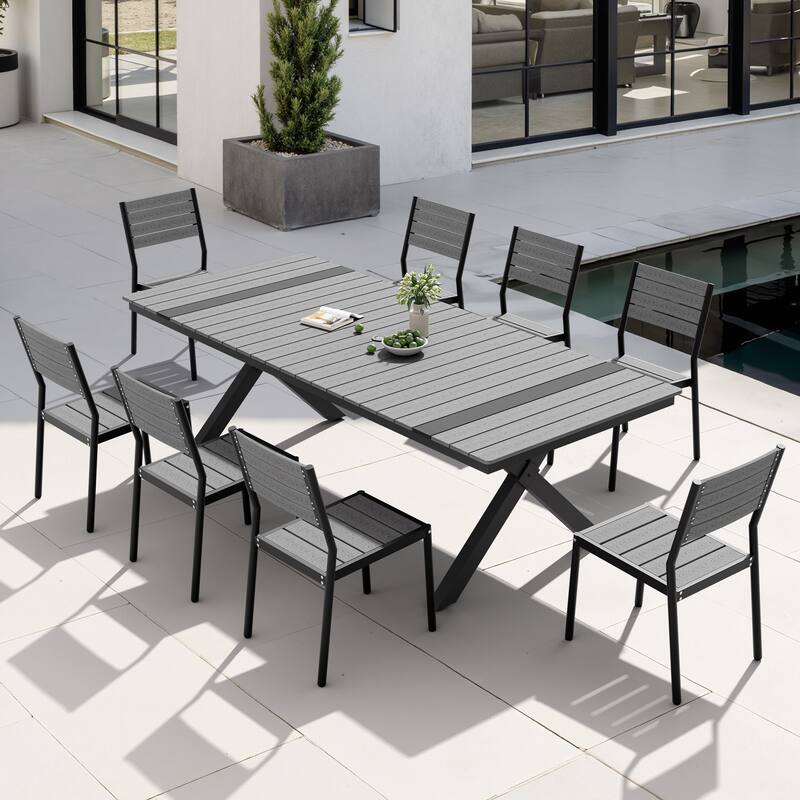 9PC Outdoor Patio Aluminum Dining X Frame Table and Stackable Chairs Set with Umbrella Hole - Grey