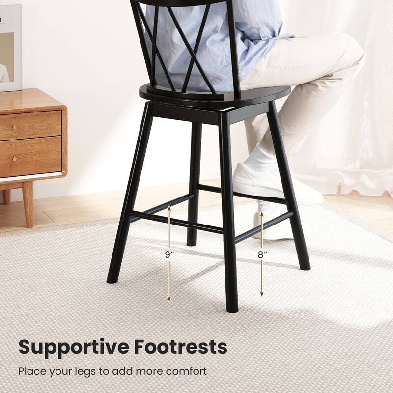Set of 2 Black Rubber Wood Swivel Bar Chairs with Footrest and Curved Back