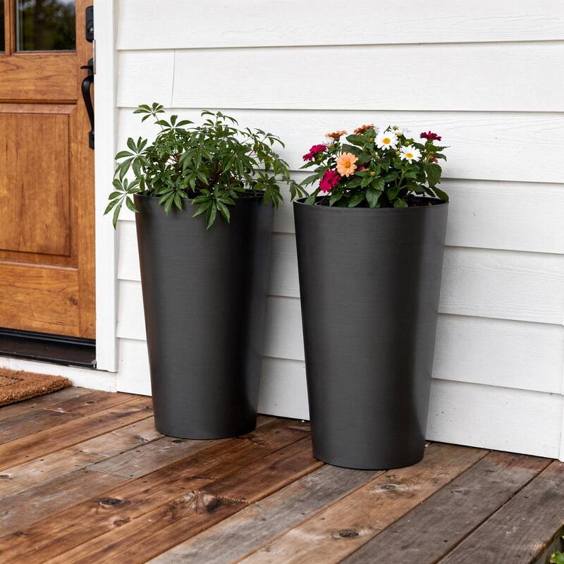 HomeRoots Set of Two Black Heavy Duty Plastic Cylindrical Planter Pots - Black