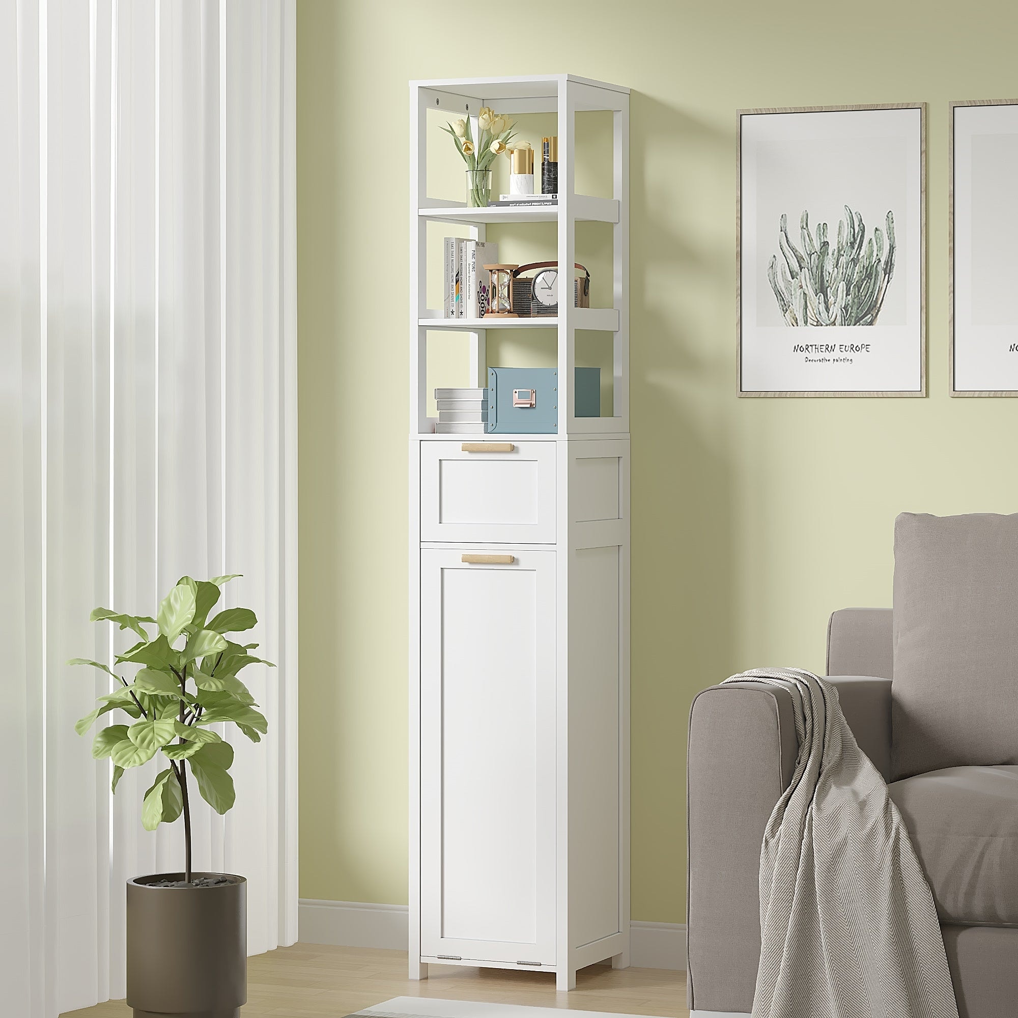 VECELO Tilt Out Laundry Hamper Cabinet with Laundry Baskets Hamper Bathroom Storage Cabinet Laundry Cabinet with Drawer